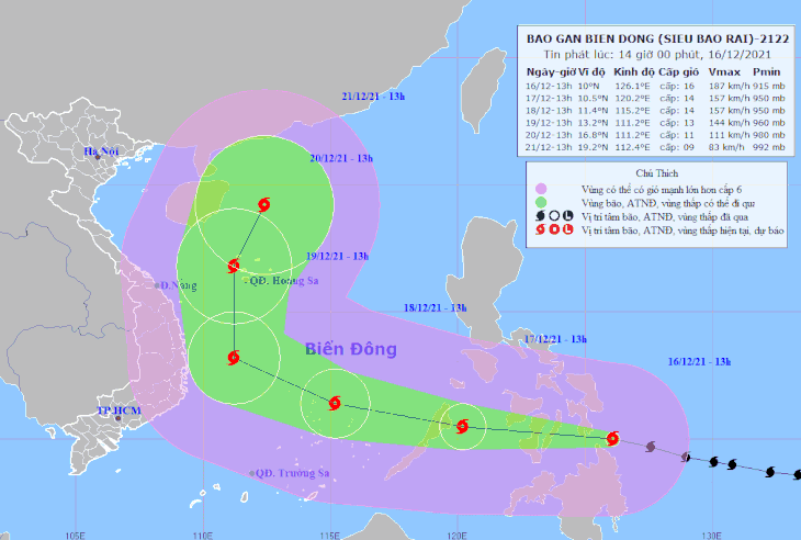 Dự báo vị trí và đường đi của bão RAI. Ảnh: Trung tâm Dự báo khí tượng thủy văn quốc gia