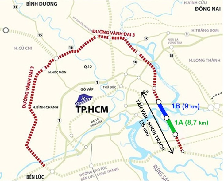 Dự án 1A và 1B, thuộc đoạn Tân Vạn - Nhơn Trạch tuyến Vành đai 3 TP HCM. Đồ họa: Thanh Huyền