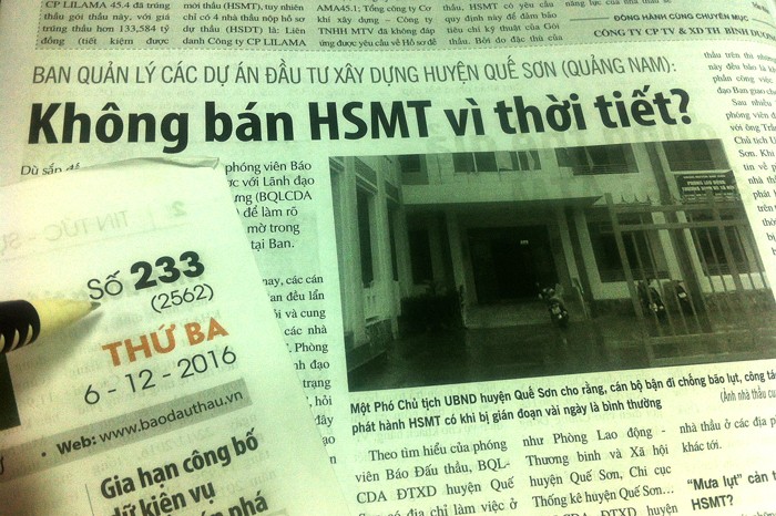 Sự việc Ban Quản lý các dự án đầu tư xây dựng huyện Quế Sơn không bán HSMT cho nhà thầu đã được Báo Đấu thầu phản ánh. Ảnh: Nhã Chi