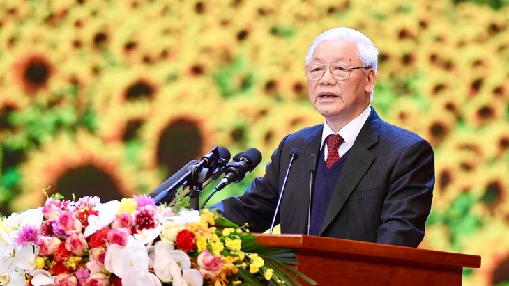 Tổng Bí thư, Chủ tịch nước Nguyễn Phú Trọng đọc diễn văn tại Lễ kỷ niệm 90 năm ngày thành lập Đảng Cộng sản Việt Nam. Ảnh: Qúy Bắc