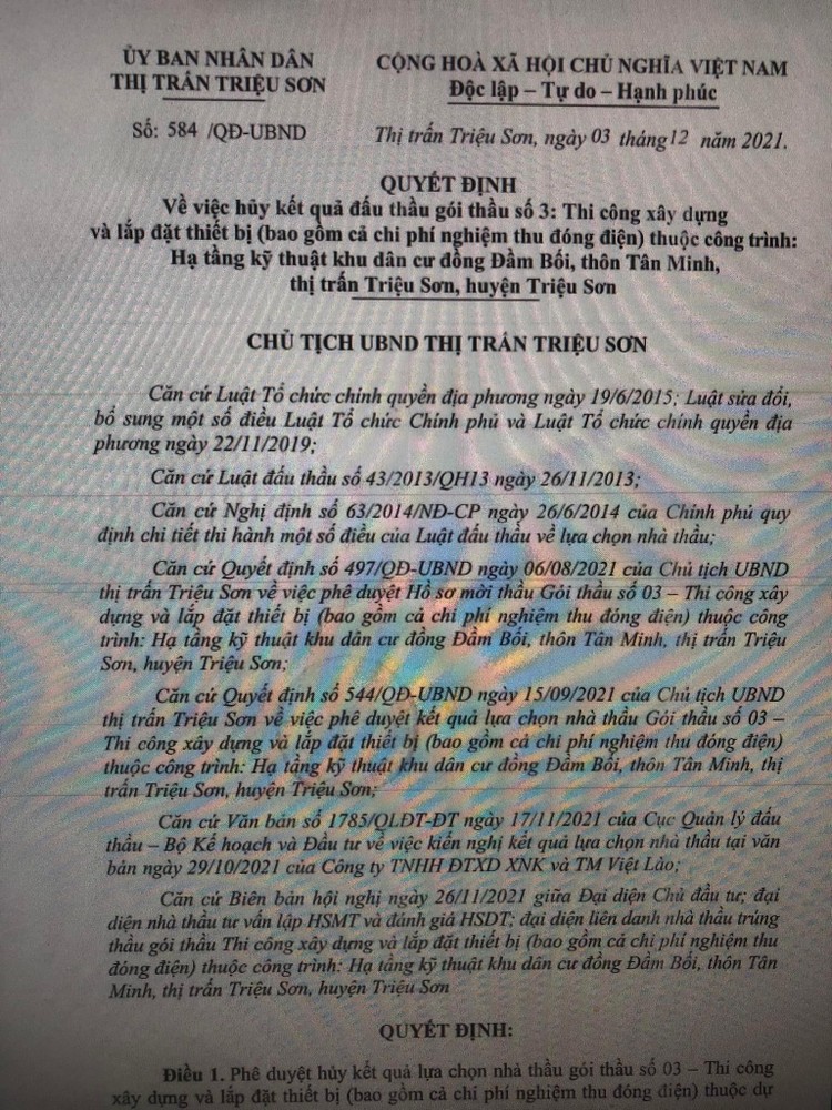 Hủy kết quả đấu thầu gói thầu bị phản ánh tại thị trấn Triệu Sơn (Thanh Hóa) ảnh 1