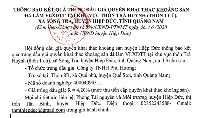 Phú Hương trúng đấu giá quyền khai thác đá làm VLXD thông thường tại Quảng Nam ảnh 1