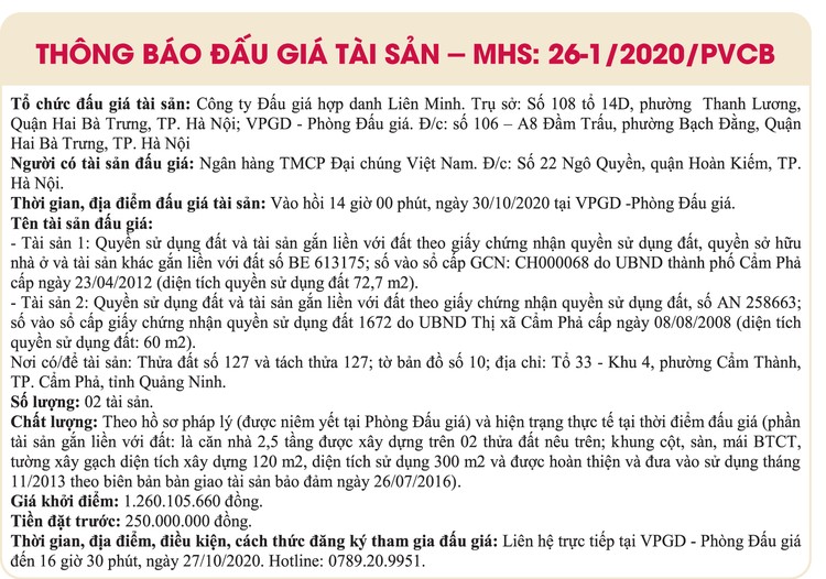 Ngày 2/11/2020, đấu giá quyền sử dụng đất tại thành phố Cẩm Phả, tỉnh Quảng Ninh ảnh 1