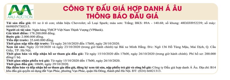Ngày 29/10/2020, đấu giá xe ô tô Chevrolet tại Hà Nội ảnh 1