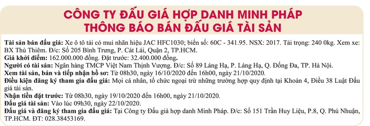 Ngày 22/10/2020, đấu giá xe ô tô tải JAC tại TPHCM ảnh 1
