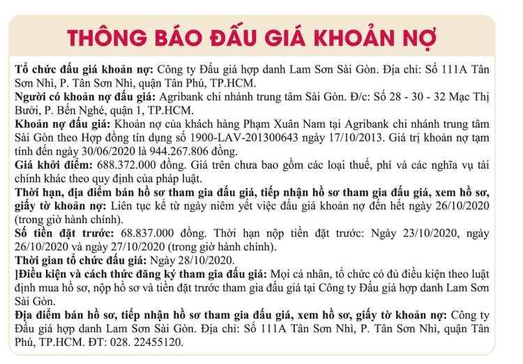 Ngày 28/10/2020, đấu giá khoản nợ của khách hàng Phạm Xuân Nam tại Agribank Chi nhánh trung tâm Sài Gòn ảnh 1