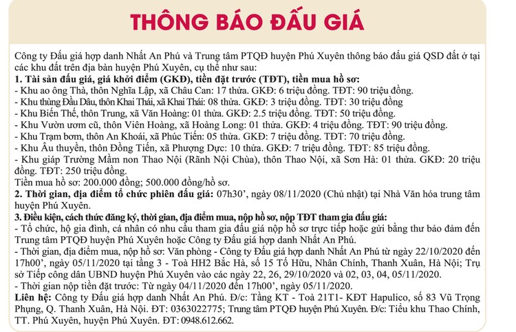 Ngày 8/11/2020,đấu giá quyền sử dụng đất tại huyện Phú Xuyên, Hà Nội ảnh 1