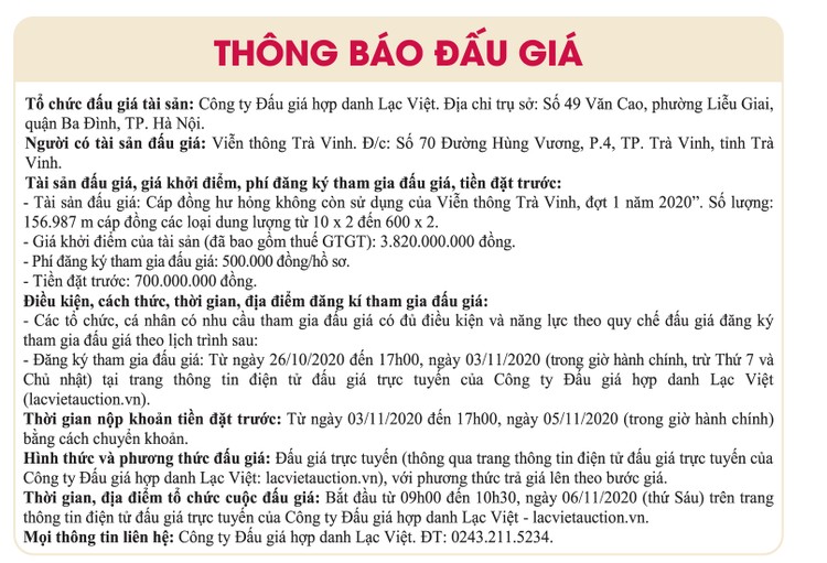 Ngày 6/11/2020, đấu giá cáp đồng không sử dụng tại tỉnh Trà Vinh ảnh 1