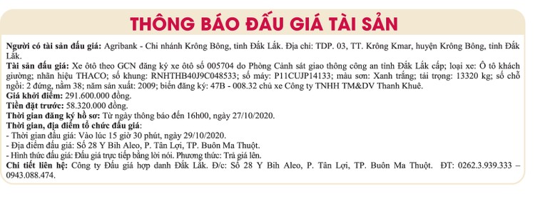 Ngày 29/10/2020, đấu giá xe ô tô Thaco tại tỉnh Đắk Lắk ảnh 1