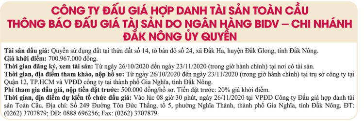 Ngày 26/11/2020, đấu giá quyền sử dụng đất tại huyện Đắk Glong, tỉnh Đắk Nông ảnh 1
