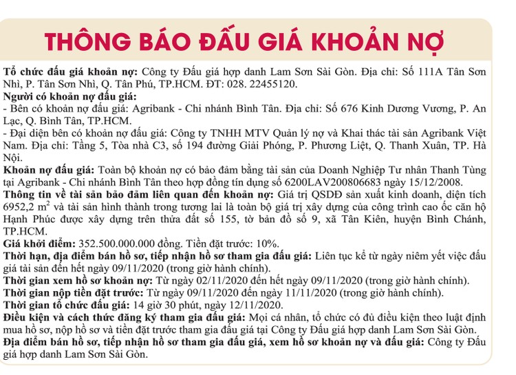 Ngày 12/11/2020, đấu giá khoản nợ của DNTN Thanh Tùng tại Agribank Chi nhánh Bình Tân ảnh 1