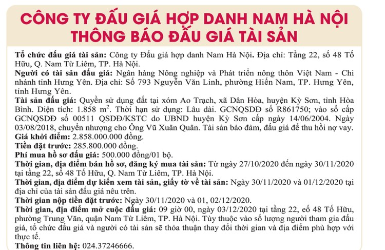 Ngày 3/12/2020, đấu giá quyền sử dụng đất tại huyện Kỳ Sơn, tỉnh Hòa Bình ảnh 1