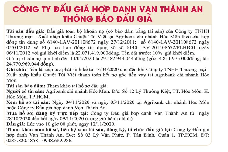 Ngày 12/11/2020, đấu giá toàn bộ khoản nợ của Công ty TNHH Thương mại – Xuất nhập khẩu Chuột Túi Việt tại Agribank Chi nhánh Hóc Môn ảnh 1
