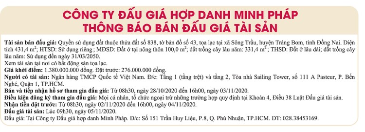 Ngày 5/11/2020, đấu giá quyền sử dụng đất tại huyện Trảng Bom, tỉnh Đồng Nai ảnh 1