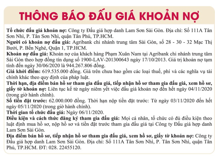 Ngày 6/11/2020, đấu giá khoản nợ của khách hàng Phạm Xuân Nam tại Agribank Chi nhánh trung tâm Sài Gòn ảnh 1