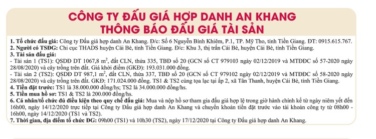 Ngày 17/12/2020, đấu giá quyền sử dụng đất tại huyện Cái Bè, tỉnh Tiền Giang ảnh 1