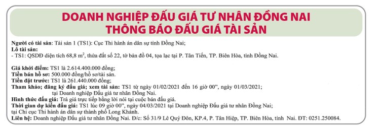 Ngày 4/3/2021, đấu giá quyền sử dụng đất tại TP.Biên Hòa, tỉnh Đồng Nai ảnh 1