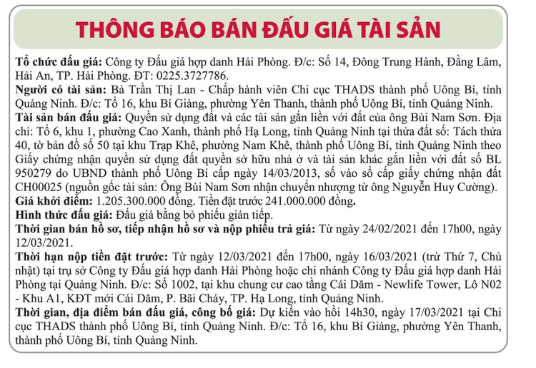 Ngày 17/3/2021, đấu giá quyền sử dụng đất tại thành phố Hạ Long, tỉnh Quảng Ninh ảnh 1