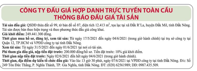 Ngày 7/6/2021, đấu giá quyền sử dụng đất tại huyện Đắk Mil, tỉnh Đắk Nông ảnh 1