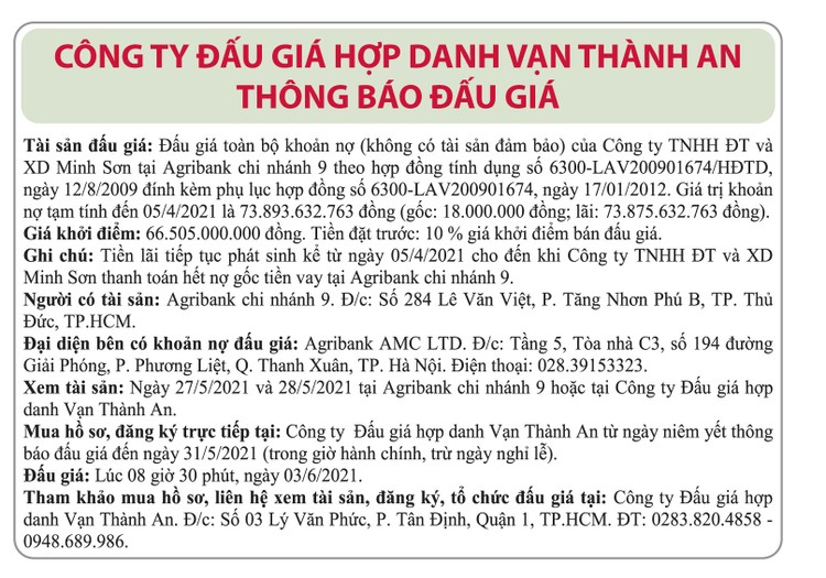 Ngày 3/6/2021, đấu giá toàn bộ khoản nợ của Công ty TNHH ĐT và XD Minh Sơn tại Agribank Chi nhánh 9 ảnh 1