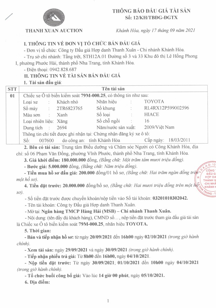 Ngày 5/10/2021, đấu giá xe ô tô TOYOTA tại tỉnh Khánh Hòa ảnh 2
