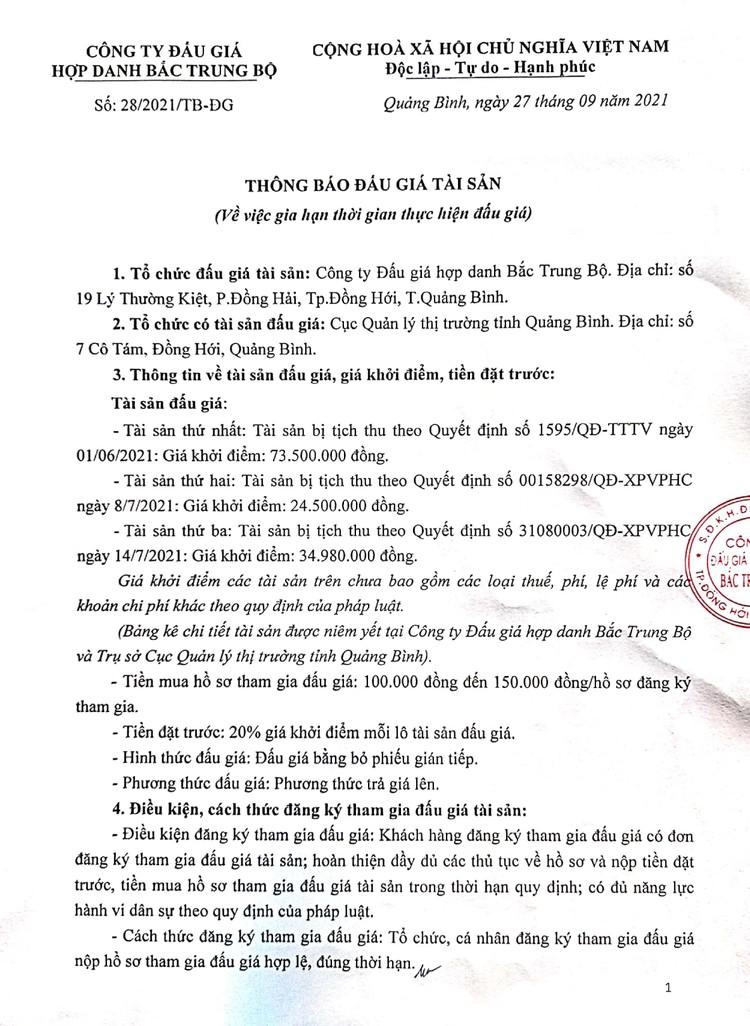 Ngày 7/10/2021, đấu giá 3 lô tài sản bị tịch thu tại tỉnh Quảng Bình ảnh 2