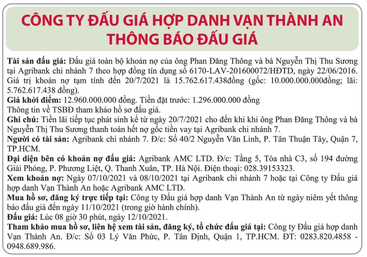 Ngày 12/10/2021, đấu giá toàn bộ khoản nợ của ông Phan Đăng Thông và bà Nguyễn Thị Thu Sương tại Agribank Chi nhánh 7 ảnh 1