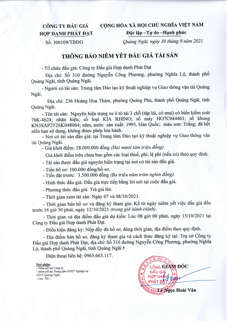 Ngày 15/10/2021, đấu giá xe ô tô KIA RHINO tại tỉnh Quảng Ngãi ảnh 2