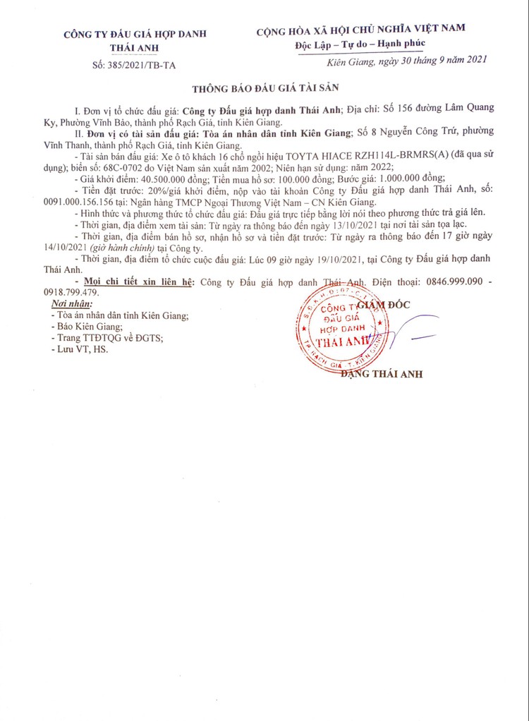 Ngày 19/10/2021, đấu giá xe ô tô TOYOTA tại tỉnh Kiên Giang ảnh 2