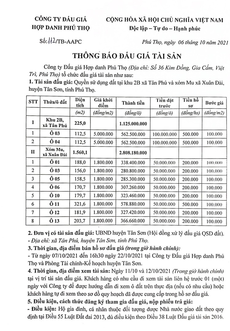 Ngày 27/10/2021, đấu giá quyền sử dụng 10 lô đất tại huyện Tân Sơn, tỉnh Phú Thọ ảnh 2