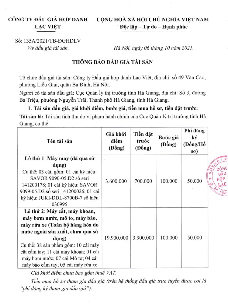Ngày 22/10/2021, đấu giá lô tài sản tịch thu do vi phạm hành chính tại tỉnh Hà Giang ảnh 2