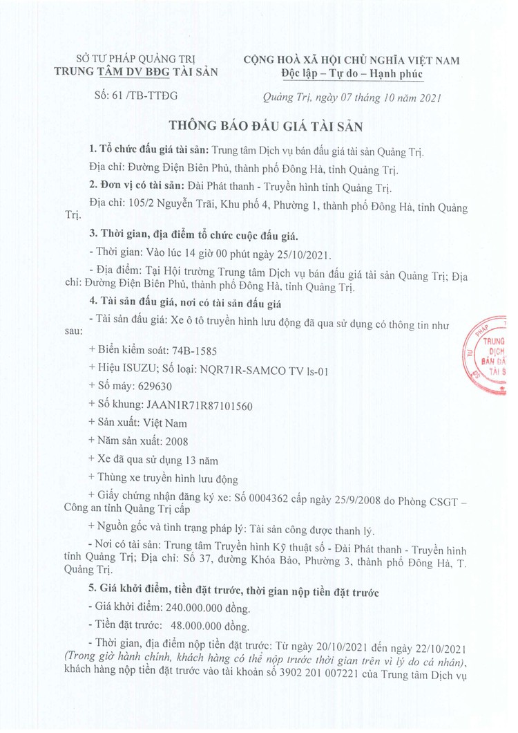 Ngày 25/10/2021, đấu giá xe ô tô truyền hình lưu động đã qua sử dụng thanh lý tại tỉnh Quảng Trị ảnh 2