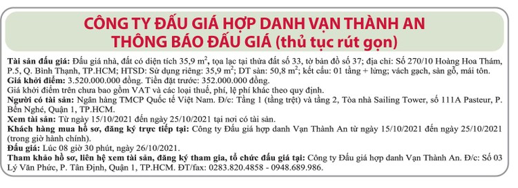 Ngày 8/11/2021, đấu giá quyền sử dụng đất tại quận Bình Thạnh, TP.HCM ảnh 1