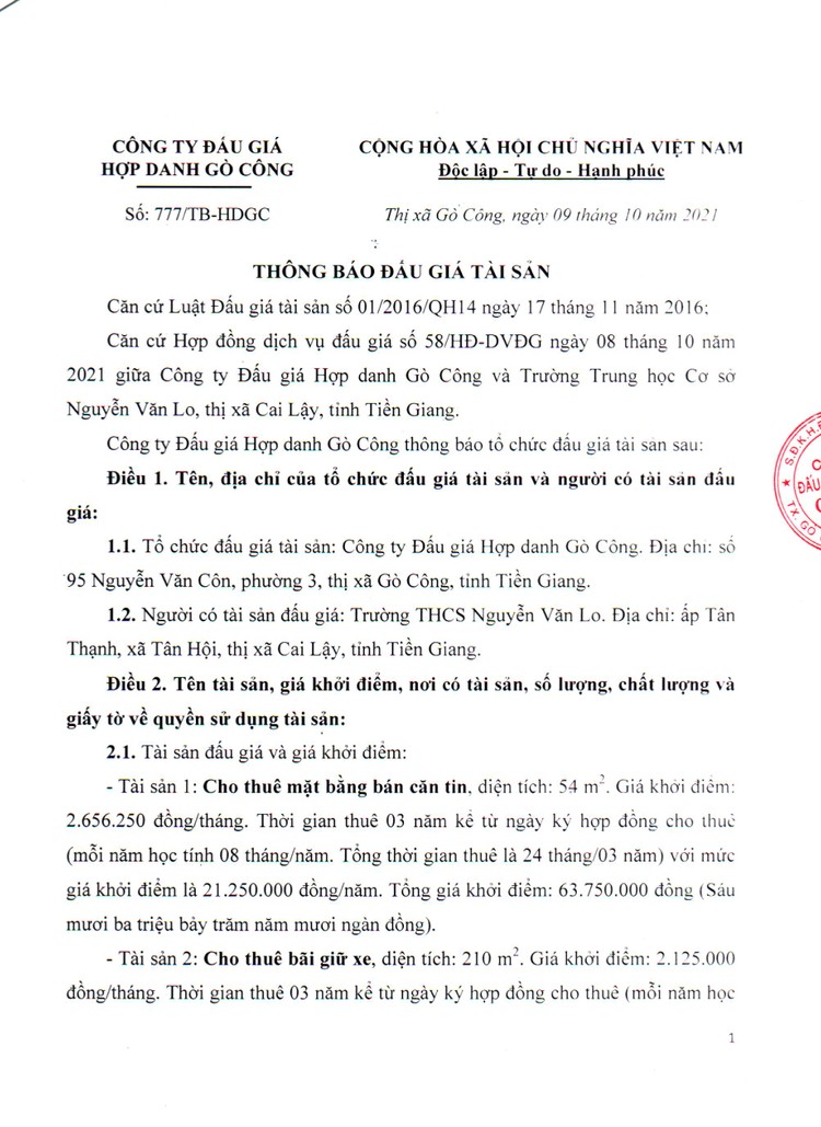 Ngày 11/11/2021, đấu giá cho thuê mặt bằng bán căn tin tại Trường THCS Nguyễn Văn Lo, tỉnh Tiền Giang ảnh 2