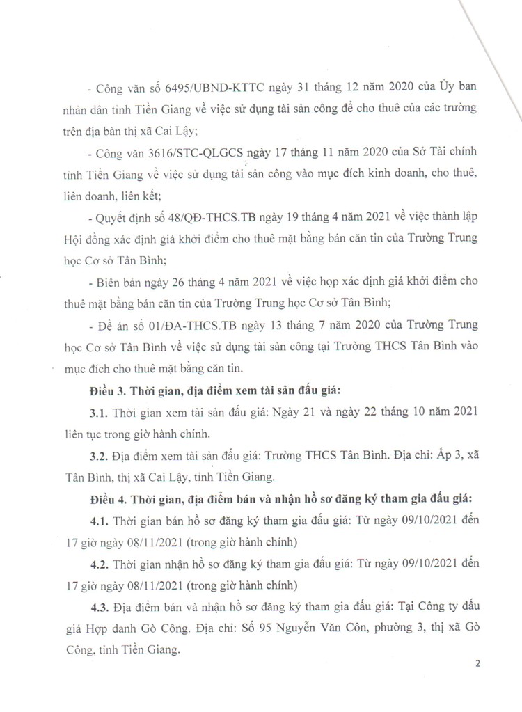 Ngày 11/11/2021, đấu giá cho thuê mặt bằng bán căn tin tại Trường THCS Tân Bình, tỉnh Tiền Giang ảnh 3