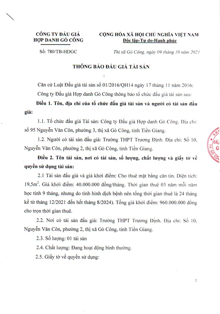 Ngày 12/11/2021, đấu giá cho thuê mặt bằng căn tin tại Trường THPT Trương Định, tỉnh Tiền Giang ảnh 2
