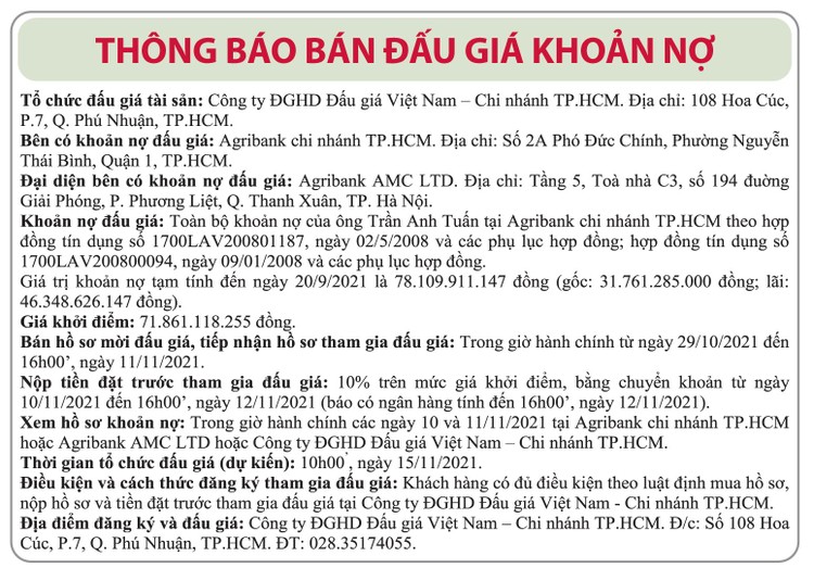 Ngày 15/11/2021, đấu giá khoản nợ của ông Trần Anh Tuấn tại Agribank Chi nhánh TP.HCM ảnh 1