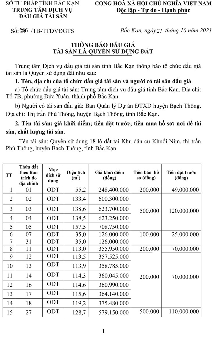 Ngày 12/11/2021, đấu giá quyền sử dụng 18 lô đất tại huyện Bạch Thông, tỉnh Bắc Kạn ảnh 2
