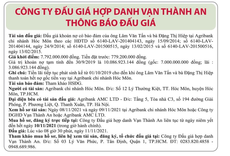Ngày 11/11/2021, đấu giá khoản nợ của ông Lâm Văn Tấn và bà Đặng Thị Hiệp tại Agribank Chi nhánh Hóc Môn ảnh 1