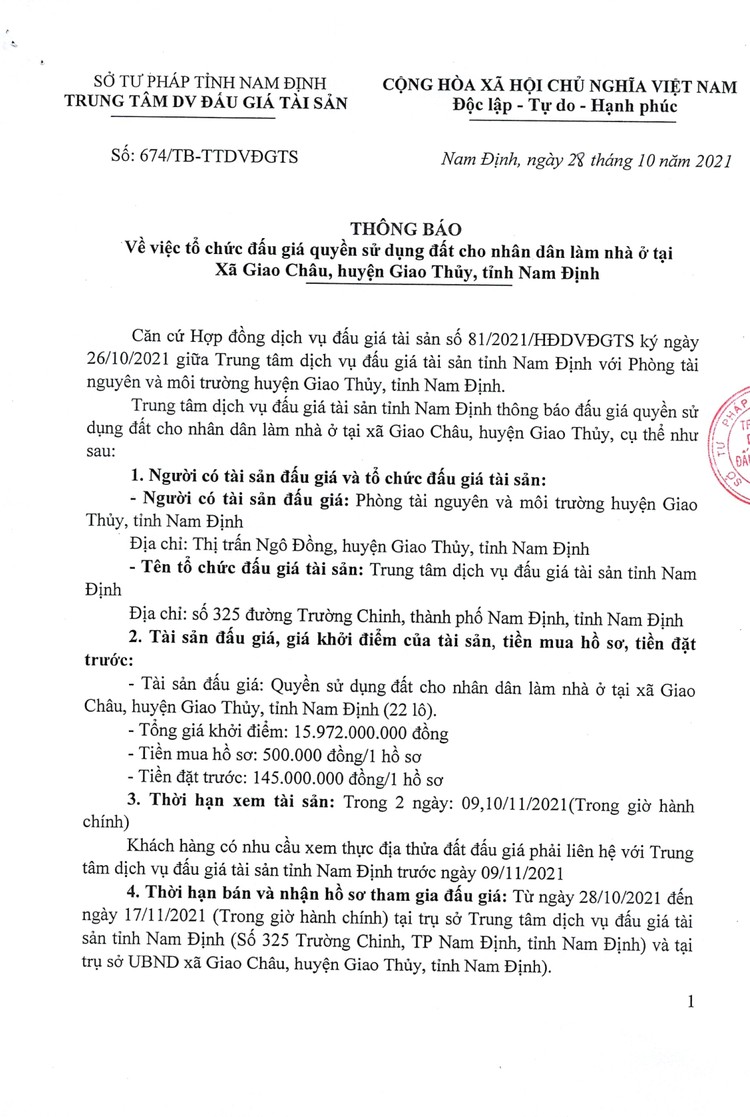 Ngày 20/11/2021, đấu giá quyền sử dụng đất tại huyện Giao Thuỷ, tỉnh Nam Định ảnh 2