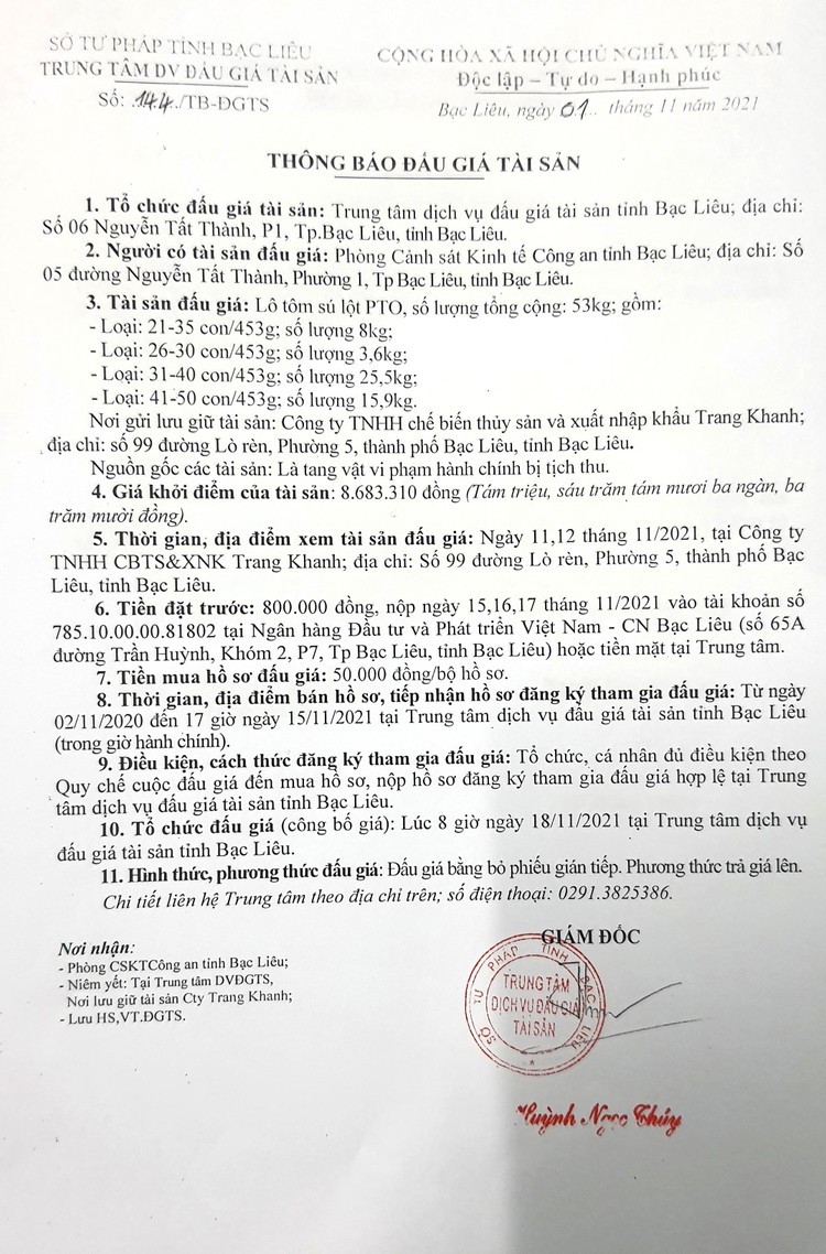 Ngày 18/11/2021, đấu giá lô tôm sú lột PTO tại tỉnh Bạc Liêu ảnh 2