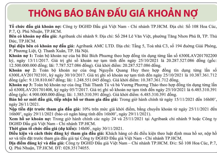 Ngày 30/11/2021, đấu giá 4 khoản nợ của bà Bích Phương, ông Quang Huy, ông Thanh Tú và bà Phương Thảo tại Agribank – Chi nhánh 9 ảnh 1