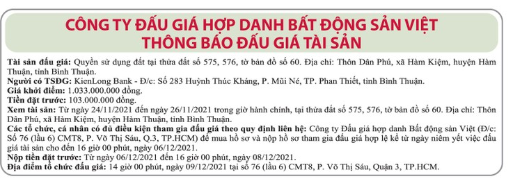 Ngày 9/12/2021, đấu giá quyền sử dụng đất tại huyện Hàm Thuận, tỉnh Bình Thuận ảnh 1
