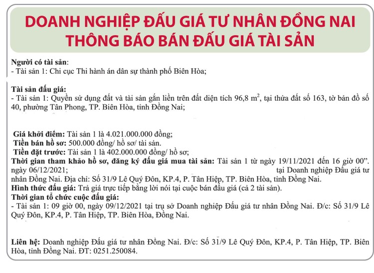 Ngày 9/12/2021, đấu giá quyền sử dụng đất tại TP.Biên Hòa, tỉnh Đồng Nai ảnh 1