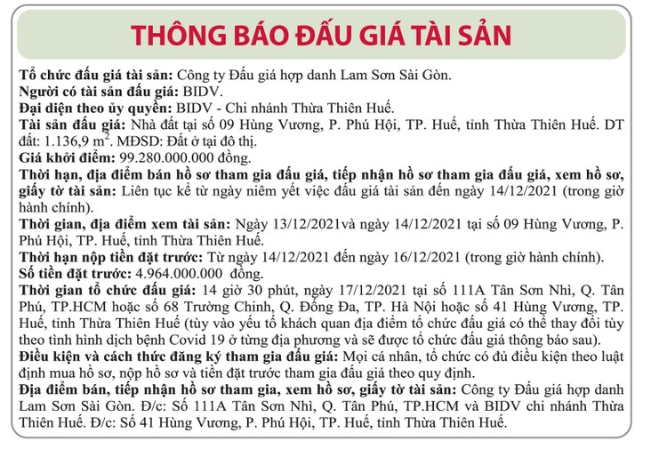 Ngày 17/12/2021, đấu giá nhà đất tại TP.Huế, tỉnh Thừa Thiên Huế ảnh 1
