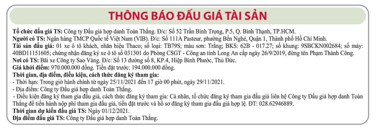 Ngày 1/12/2021, đấu giá xe ô tô Thaco tại TP.HCM ảnh 1
