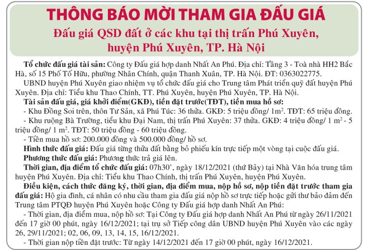 Ngày 18/12/2021, đấu giá quyền sử dụng đất tại huyện Phú Xuyên, Hà Nội ảnh 1