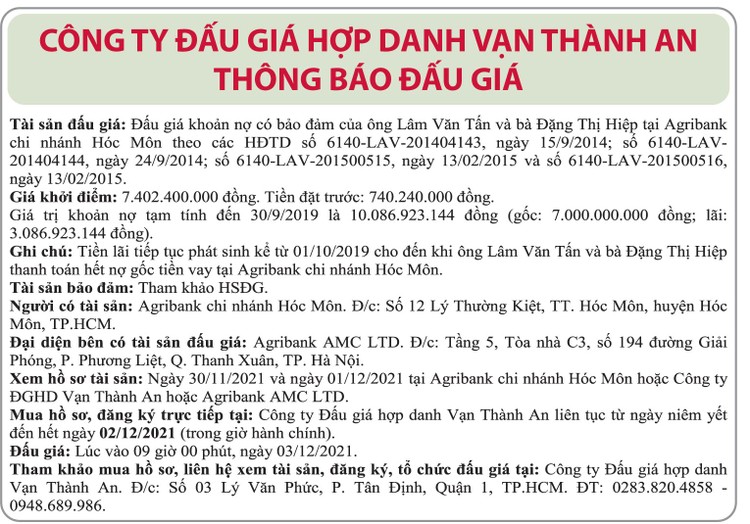 Ngày 3/12/2021, đấu giá khoản nợ của ông Lâm Văn Tấn và bà Đặng Thị Hiệptại Agribank Chi nhánh Hóc Môn ảnh 1