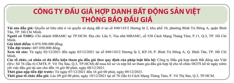Ngày 10/12/2021, đấu giá quyền sử dụng đất tại quận Bình Tân, TP.HCM ảnh 1