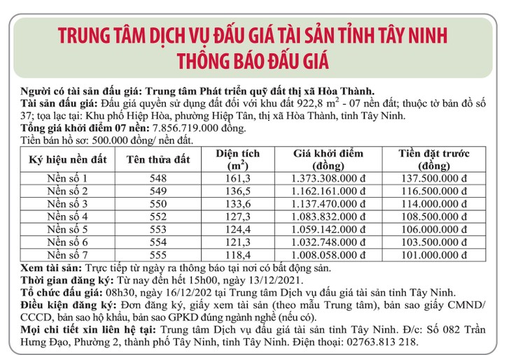 Ngày 16/12/2021, đấu giá quyền sử dụng đất tại thị xã Hòa Thành, tỉnh Tây Ninh ảnh 1